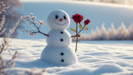 Little snowman holding flower branches as hands in a snowy park