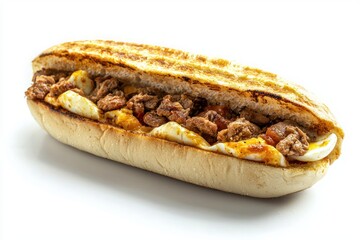 Delicious hearty sandwich featuring succulent meat filling savory taste on bright studio background