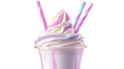 A cup of ice cream with pink and blue swirls and pink and blue straws. The cup is in a white background