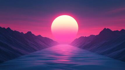 vibrant sunset over serene sea, with mountains framing horizon, creates tranquil atmosphere. pink and purple hues reflect beautifully on water surface