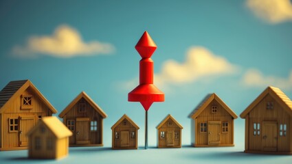 Red navigation pointer in a town. Locations and sights. Route and places. The idea of travel and selecting a new residence.