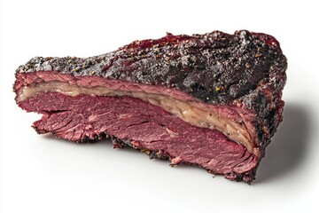 Fototapeta premium Delicious smoked brisket cut close up view on bright white with dark crispy crust and tender beef