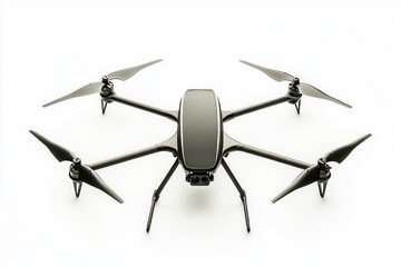 Modern drone with black rotor blades on pristine white backdrop capturing innovation aerial possibilities