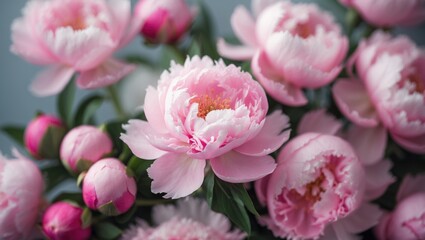 Obraz premium Soft focus wide banner featuring blurred peony flower petals in rose color, close-up macro nature background. Beautiful blossom backdrop. Top view of pink and white flowers, floral wallpaper with p...