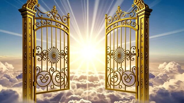 Golden gates open to bright light above clouds in the sky with sun rays shining through heaven scene