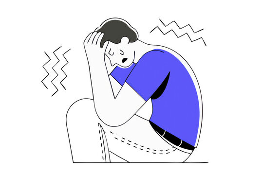 cartoon illustration of man with brown hair, sitting in crouched position, expressing feelings of distress and anxiety. image conveys sense of emotional struggle and vulnerability