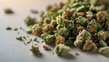 Marijuana and Cannabis Shake. Crumbled Dried Weed and Pot Bud. Close-up, Panorama.