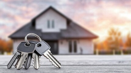 House keys on a wooden surface, sunset background