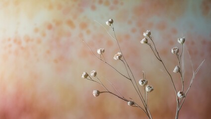 Dry flowers plant floral branch against a soft beige pastel backdrop. Blurred selective focus. Design featuring neutral natural hues.