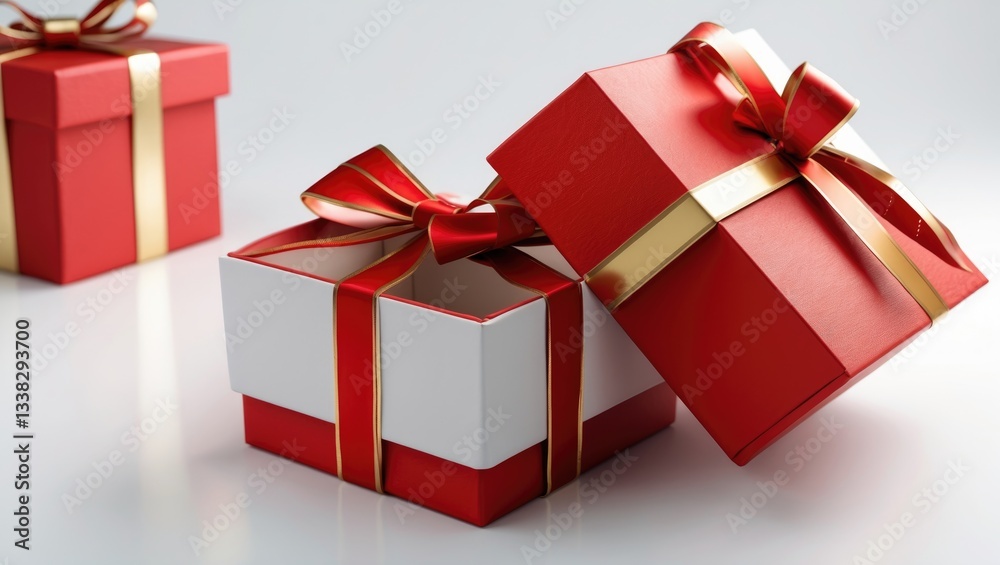 Poster Red gift box displayed open, featuring a ribbon on a white background with isolation.