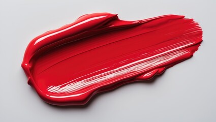 Red lipstick smear smudge isolated on a white background. Close-up of red color brush stroke. Makeup cream texture backdrop.