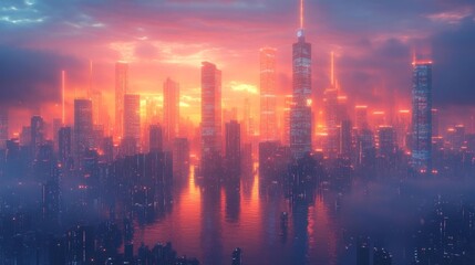 Fototapeta premium Futuristic Digital Cityscape with Glowing Buildings and Autonomous Technology. Generative AI