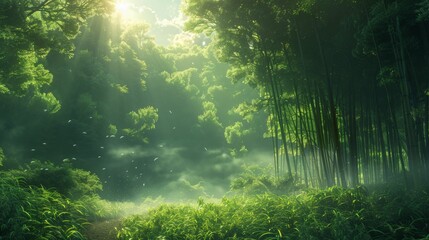 Fototapeta premium A lush green forest with a lot of trees and a foggy sky