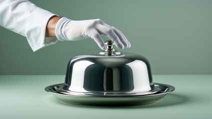 Waiter, hand with silver tray, Tray, Waiter, Chef, Plate, Tableware, Service, Food, Glove, Protective gloves, Sports glove, Recipe, Restaurant, Kitchen, Gourmet food, Dinner, Cooking, Dish presenta...