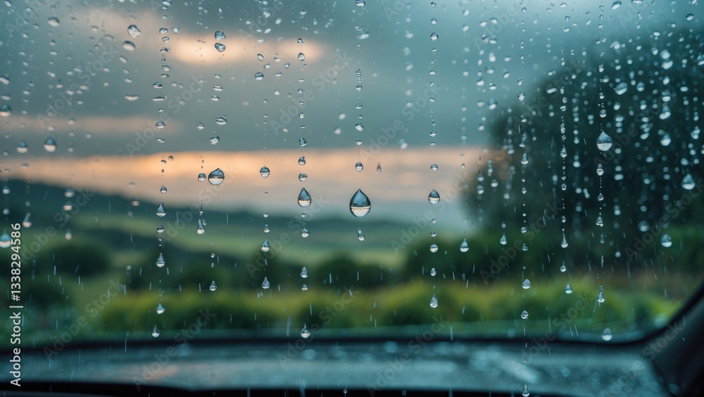 Poster rain drops descending on reflective background, high-quality image of rain on window sky drops, clos