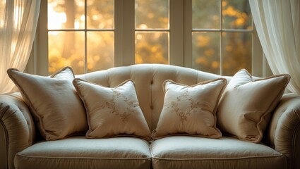 Fototapeta premium In the inviting living room, a chic couch adorned with plush pillows is positioned by a large window, letting in plenty of natural light and creating a cozy ambiance ideal for unwinding after a lon...