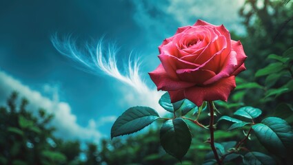 Close-up of a vibrant red rose in full bloom against a rich green backdrop and a clear blue sky - an ideal representation of natural beauty and tranquility.