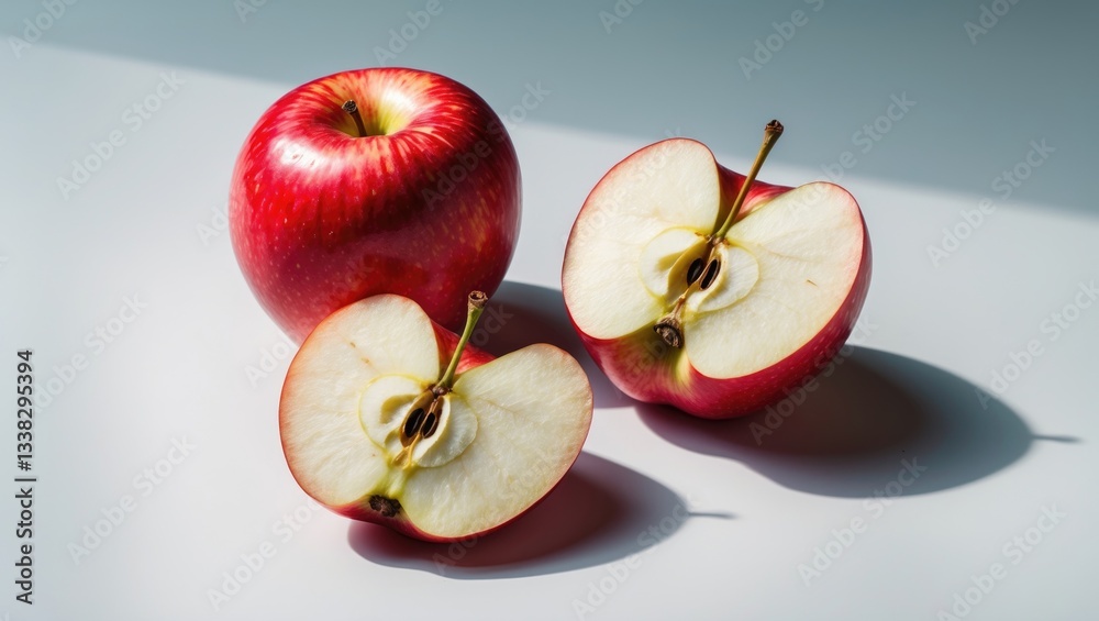 Poster Isolated red apple, cut in half and sliced, on a white background with a clipping path, featuring full depth of field, cut out.