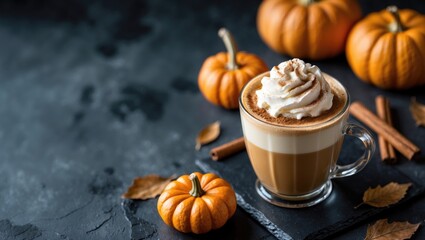 Delicious pumpkin latte on dark slate table. Room for text.