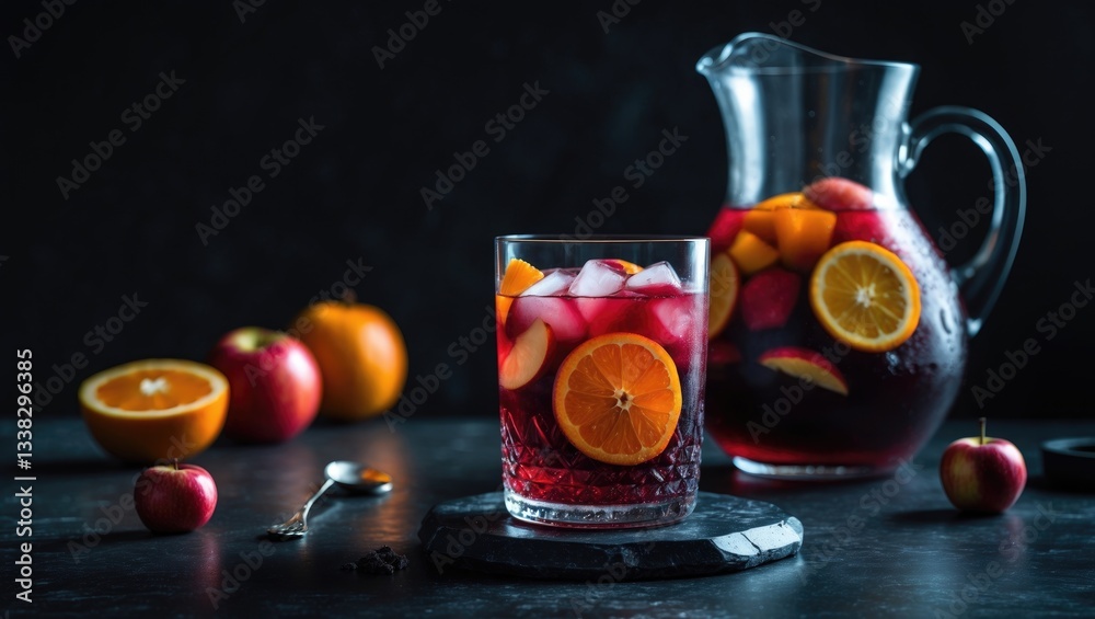 Poster refreshing red wine punch or sangria with fresh fruits in glasses and a pitcher on a dark background