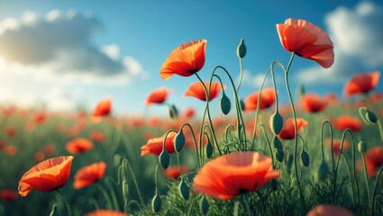 Obraz premium Red poppy flowers in a meadow. Field of poppies.