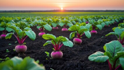 Landscape of young green sugar beet leaves in the agricultural beet field during the evening sunset.