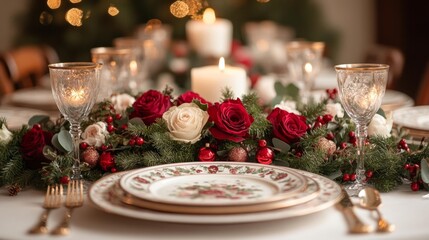 Traditional holiday table setting with candles flowers and vintage plates for a festive family gathering. Generative AI