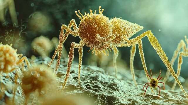 Microbiology an electron micrograph showing bacteriophages in action, actively attacking and infecting bacteria, highlighting their interaction and significance in microbial processes and health