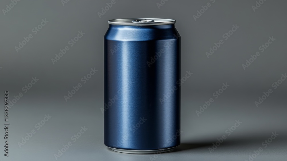 Poster a metallic blue beverage can stands upright on a smooth gray surface, illuminated by soft lighting t