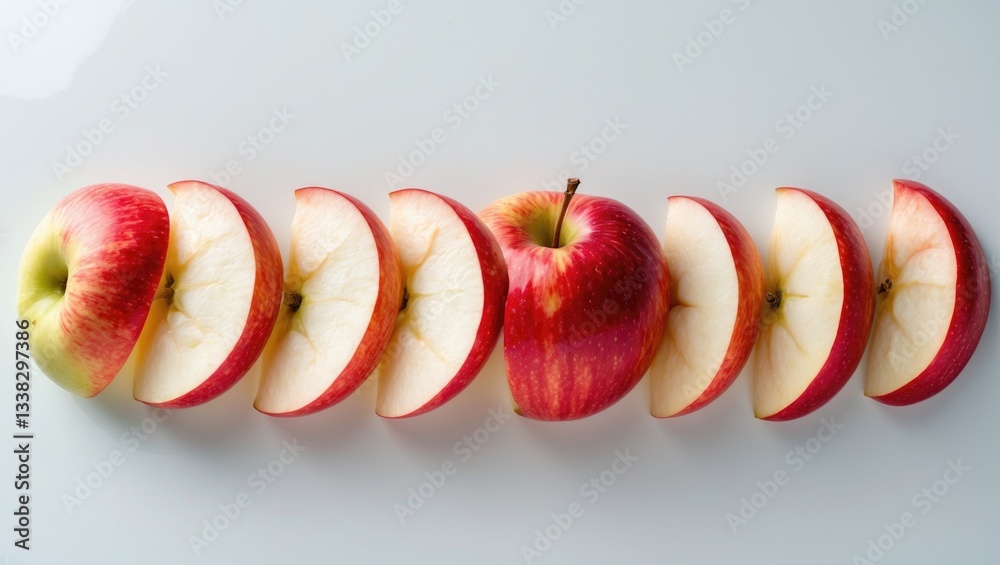 Poster red apple slices floating in the air, isolated against a white background.