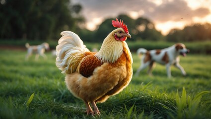 Fototapeta premium Rare breed of fluffy silky chicken strolling on lush summer grass of eco farm