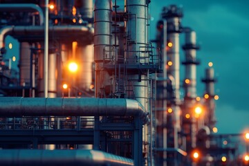 Fototapeta premium Industrial skyline glows at dusk near refinery Generative AI