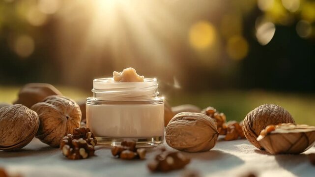 A glass jar of luxurious, walnut-infused skincare cream sits among whole and shelled walnuts, illuminated by warm natural sunlight. The outdoor setting and soft golden light emphasize the organic 