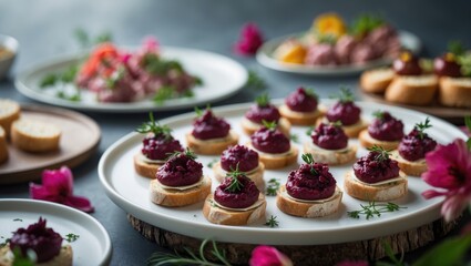 Tasty pÃ¢tÃ© appetizers with beet topping presented at a reception. Dishes featuring various elegant finger food snacks for a dinner.