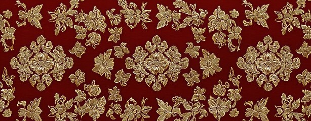 Elegant Gold Floral Pattern on Rich Red Background for Decoration