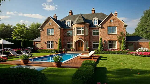 Brick mansion with pool and manicured lawn on a sunny day with birds flying overhead view from garden