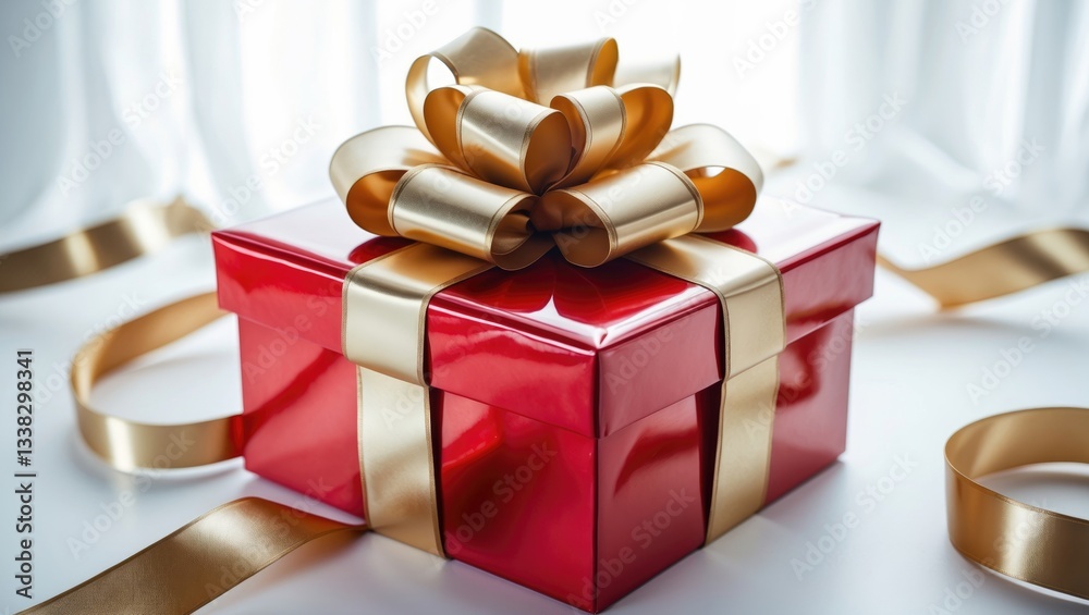Poster gift box in red color adorned with a golden ribbon and bow.