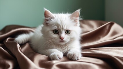 Cute little white kitten rests on a brown silk sheet, gazing at the camera at home.