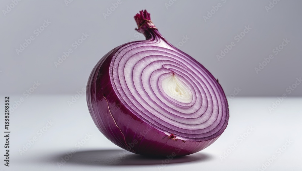Poster red onion cut and isolated on a white background, with a clipping path, showcasing full depth of fie