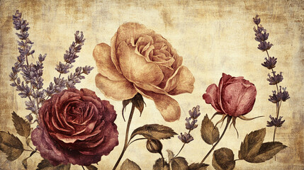 Fototapeta premium A vintage floral pattern with intricate roses, peonies, and lavender on an aged parchment-like background.