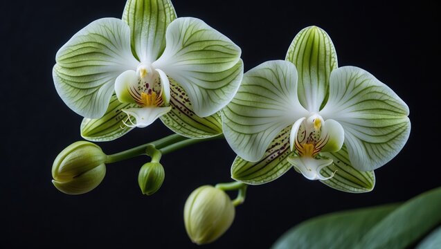 The Orchid flower bud continues to develop. This is the fourth image in a series showing its opening; this tropical exotic orchid is easy to cultivate in homes and greenhouses.