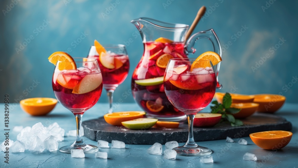 Poster front view of a freshly prepared beautiful red sangria served in a glass pitcher, garnished with app