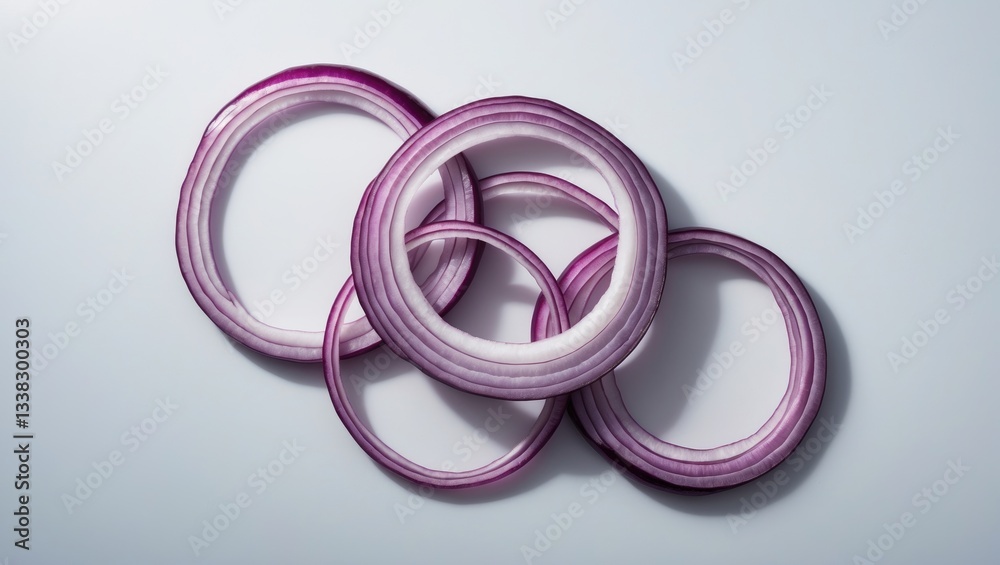 Poster Red onion slices isolated on a white background. Aerial view. Flat lay. Red onion slices suspended in air, without shadow.