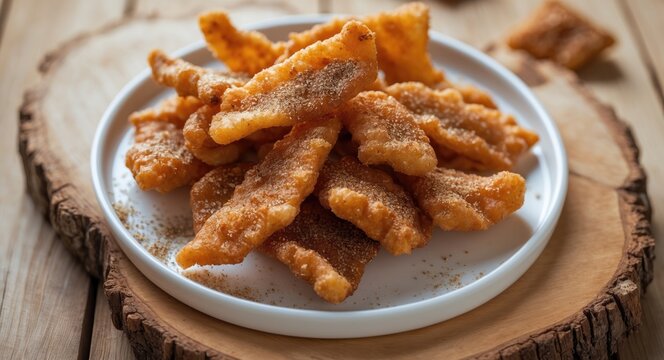 Cracklings made by lengthy melting from fat and skin slices, then seasoned with salt and ground pepper while hot, presented on a white plate on a wooden surface.