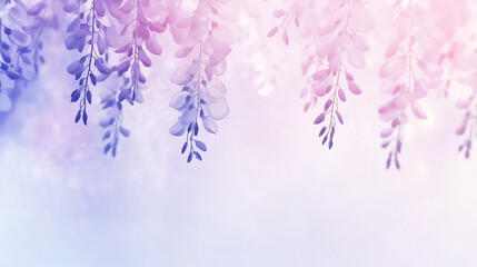 A romantic background with cascading wisteria flowers in shades of lilac and violet, softly blurred in the distance.