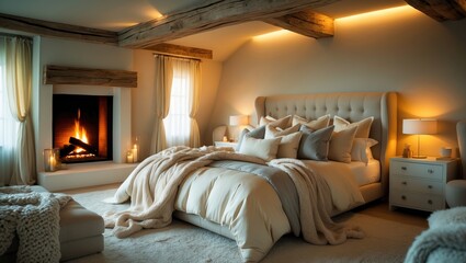 A cozy and welcoming bedroom scene, showcasing a king-sized bed with soft, plush bedding. The bed features decorative pillows and is surrounded by warm throw blankets. The room displays modern rust...