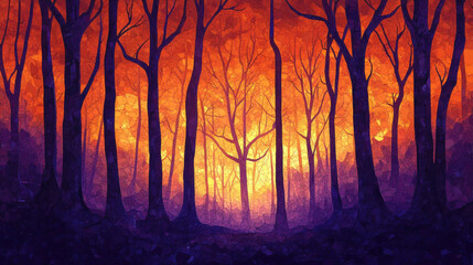 Obraz premium vibrant mosaic artwork depicts forest at twilight, with silhouetted trees against fiery orange and purple sky, creating mystical and enchanting atmosphere
