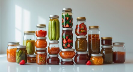 Different kinds of preserves arranged on a white backdrop.