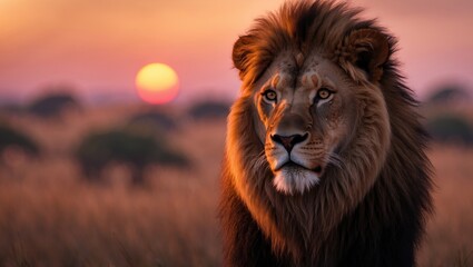 Fototapeta premium Lion portrait against savanna landscape backdrop at sunset.