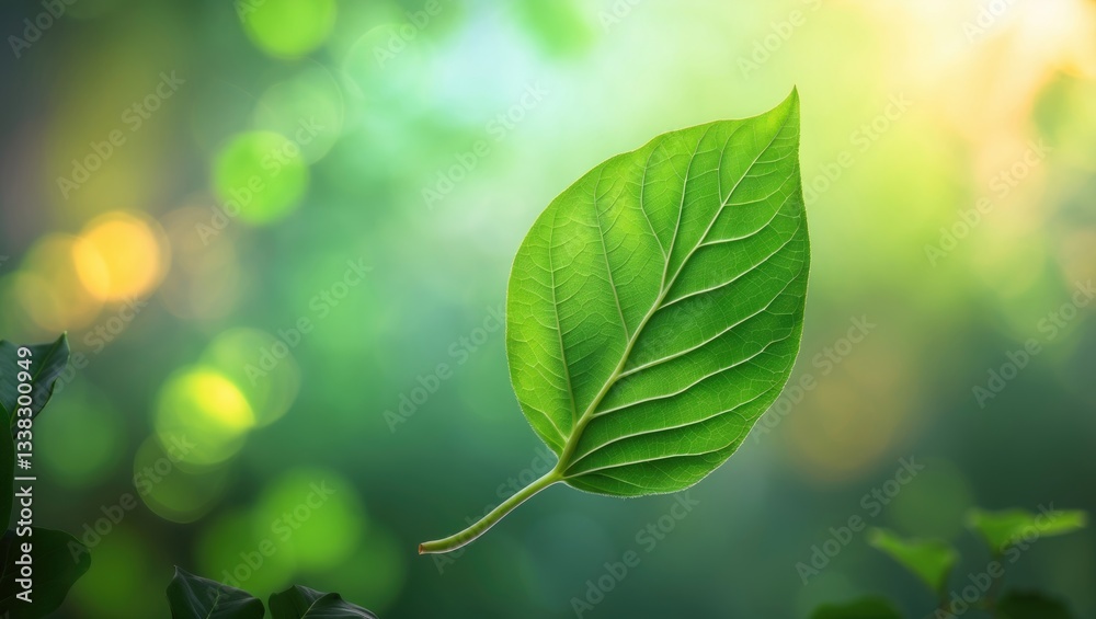 Poster green leaf on a softened green background. gorgeous leaf texture illuminated by sunlight. close-up n